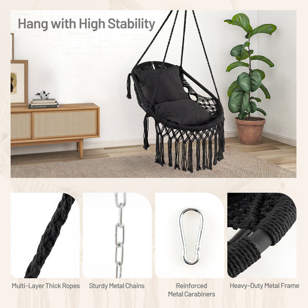 2 soft cushions offer comfortable sitting experience<br>High-grade polyester cotton woven seat withstands the test of time<br>Firmly supported by heavy-duty metal frame<br>Elegant appearance with graceful tassels<br>Suitable for both indoor and outdoor oc