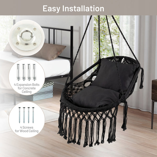 2 soft cushions offer comfortable sitting experience<br>High-grade polyester cotton woven seat withstands the test of time<br>Firmly supported by heavy-duty metal frame<br>Elegant appearance with graceful tassels<br>Suitable for both indoor and outdoor oc