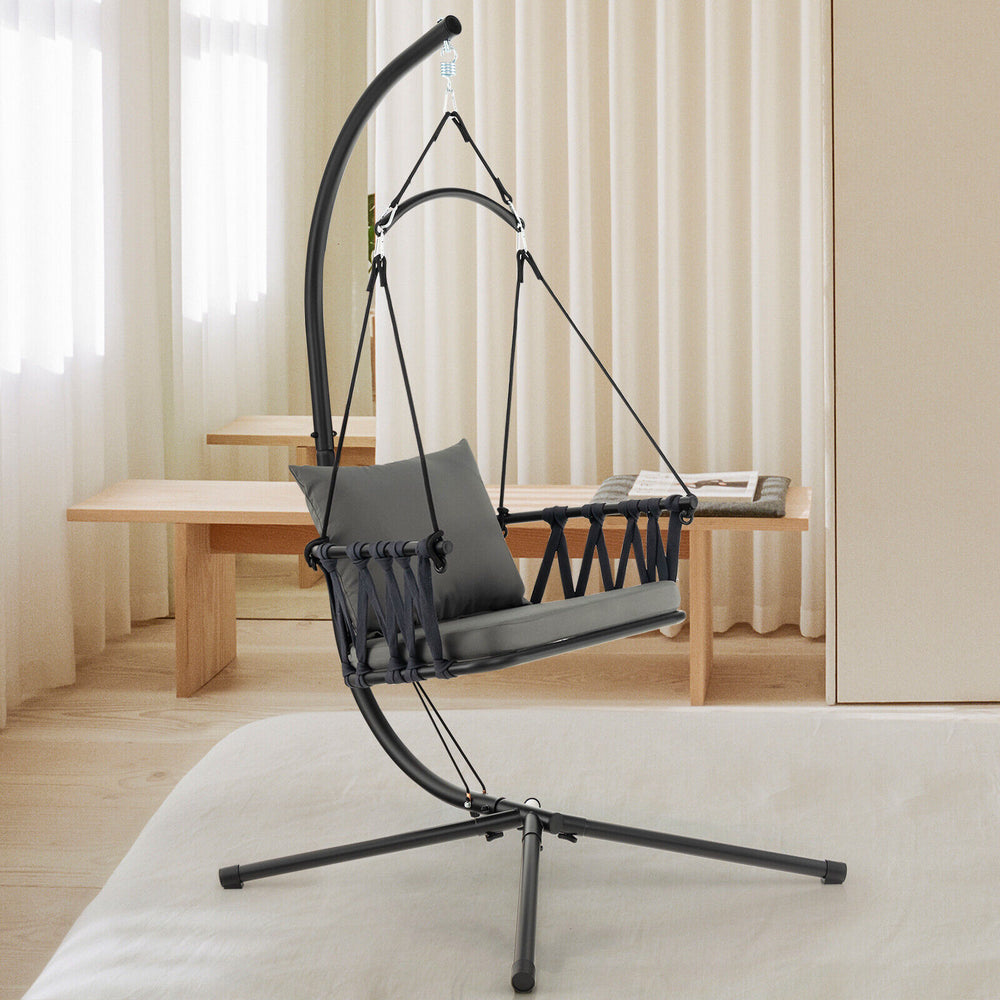 Comfortable to sit with soft seat and back cushions <br>Zipper design for easy maintenance of the cushion cover <br>Comes with a reinforced metal stand <br>Anti-slip footpads and X-shaped structure for higher stability <br>Foldable hanging swing chair sav