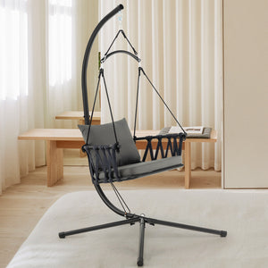 Comfortable to sit with soft seat and back cushions <br>Zipper design for easy maintenance of the cushion cover <br>Comes with a reinforced metal stand <br>Anti-slip footpads and X-shaped structure for higher stability <br>Foldable hanging swing chair sav