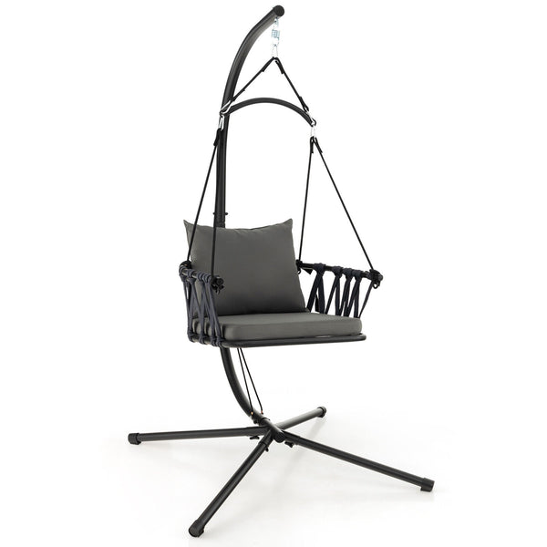 Comfortable to sit with soft seat and back cushions <br>Zipper design for easy maintenance of the cushion cover <br>Comes with a reinforced metal stand <br>Anti-slip footpads and X-shaped structure for higher stability <br>Foldable hanging swing chair sav