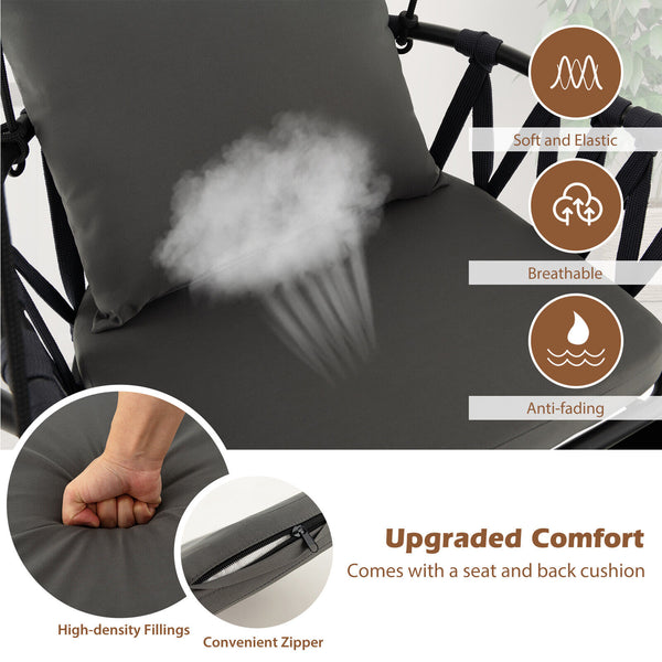Comfortable to sit with soft seat and back cushions <br>Zipper design for easy maintenance of the cushion cover <br>Comes with a reinforced metal stand <br>Anti-slip footpads and X-shaped structure for higher stability <br>Foldable hanging swing chair sav