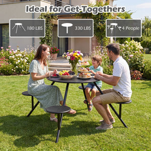 Galvanized iron frame improves longevity and strength<br>1.77" umbrella hole for your personal shade option<br>The tabletop holds 180 lbs and each seat supports 330 lbs<br>Suitable for easy gatherings with space-saving convenience<br>Vent holes improve ai