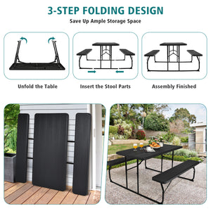 Two different colors for you to choose<br>Rounded corners greatly reduce the risk of bumping<br>Premium materials make the table durable and sturdy<br>Spacious desktop can hold lots of foods and drinks for party<br>The benches can support at most 4 adults