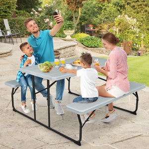 Two different colors for you to choose<br>Rounded corners greatly reduce the risk of bumping<br>Premium materials make the table durable and sturdy<br>Spacious desktop can hold lots of foods and drinks for party<br>The benches can support at most 4 adults