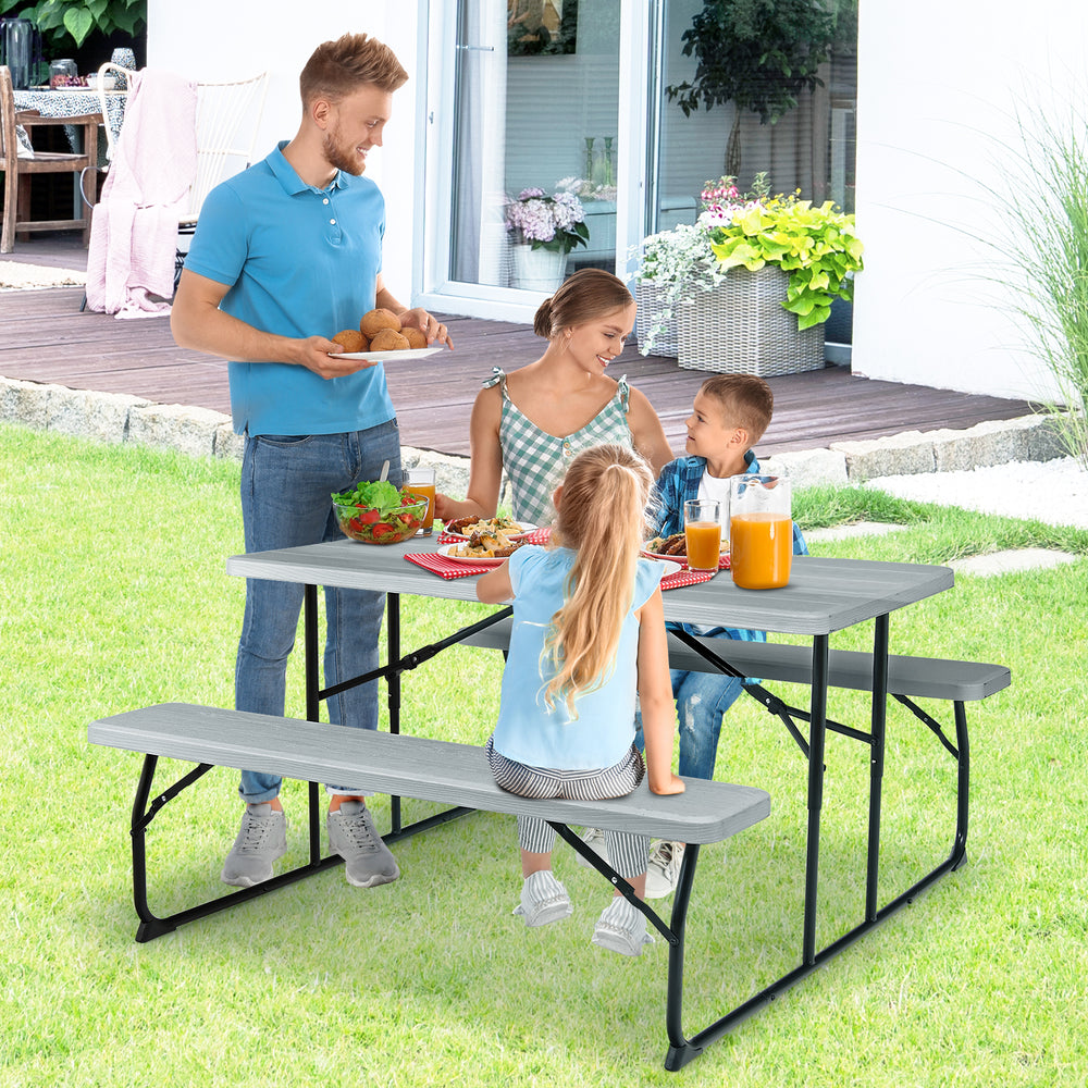 Two different colors for you to choose<br>Rounded corners greatly reduce the risk of bumping<br>Premium materials make the table durable and sturdy<br>Spacious desktop can hold lots of foods and drinks for party<br>The benches can support at most 4 adults