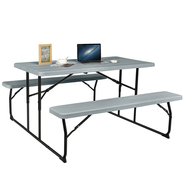 Two different colors for you to choose<br>Rounded corners greatly reduce the risk of bumping<br>Premium materials make the table durable and sturdy<br>Spacious desktop can hold lots of foods and drinks for party<br>The benches can support at most 4 adults
