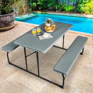 Two different colors for you to choose<br>Rounded corners greatly reduce the risk of bumping<br>Premium materials make the table durable and sturdy<br>Spacious desktop can hold lots of foods and drinks for party<br>The benches can support at most 4 adults