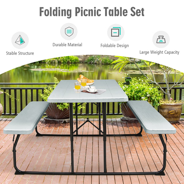 Two different colors for you to choose<br>Rounded corners greatly reduce the risk of bumping<br>Premium materials make the table durable and sturdy<br>Spacious desktop can hold lots of foods and drinks for party<br>The benches can support at most 4 adults