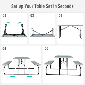 Two different colors for you to choose<br>Rounded corners greatly reduce the risk of bumping<br>Premium materials make the table durable and sturdy<br>Spacious desktop can hold lots of foods and drinks for party<br>The benches can support at most 4 adults