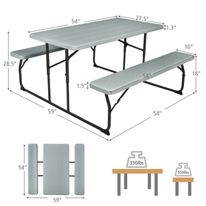 Two different colors for you to choose<br>Rounded corners greatly reduce the risk of bumping<br>Premium materials make the table durable and sturdy<br>Spacious desktop can hold lots of foods and drinks for party<br>The benches can support at most 4 adults