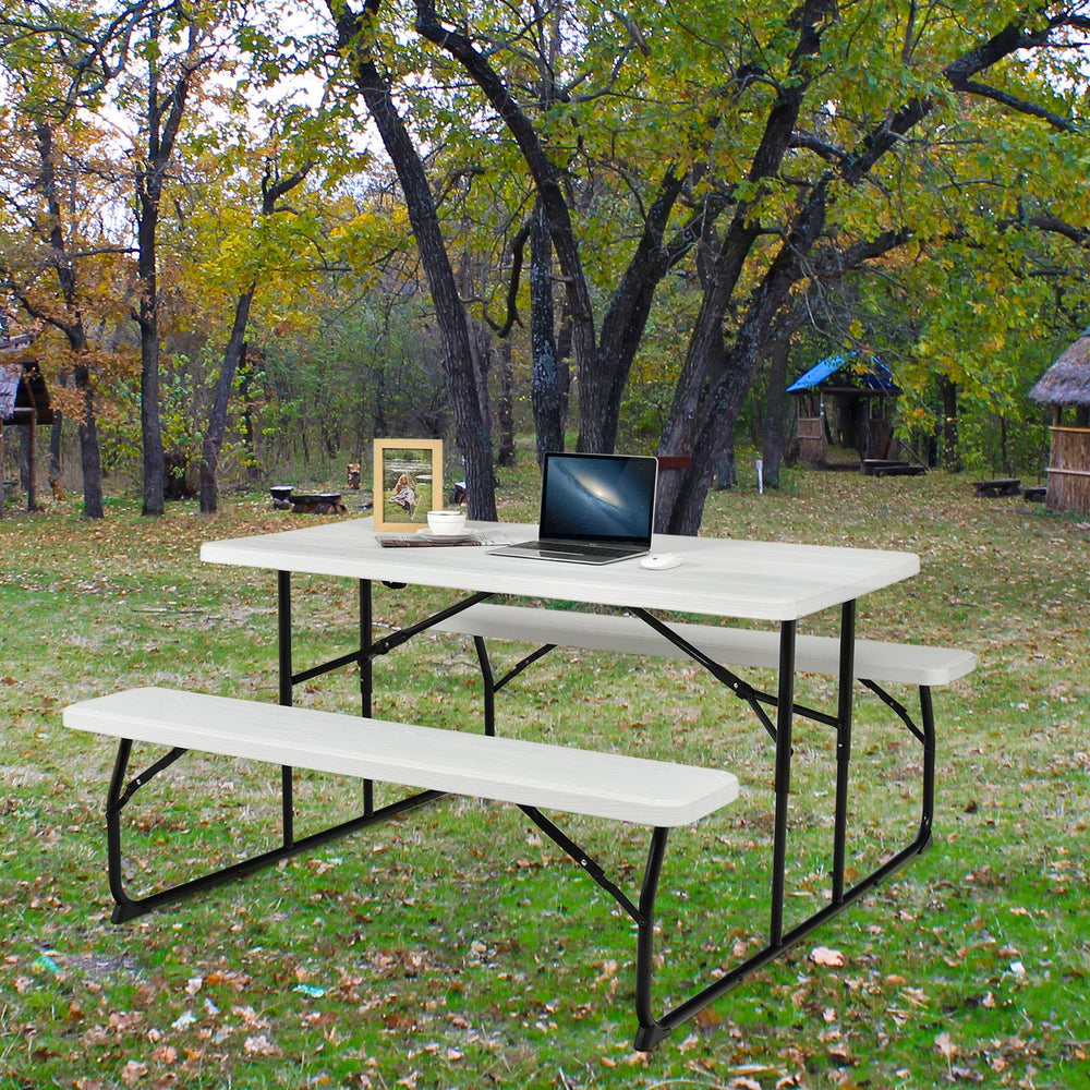 Two different colors for you to choose<br>Rounded corners greatly reduce the risk of bumping<br>Premium materials make the table durable and sturdy<br>Spacious desktop can hold lots of foods and drinks for party<br>The benches can support at most 4 adults