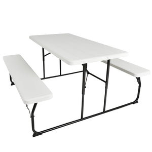 Two different colors for you to choose<br>Rounded corners greatly reduce the risk of bumping<br>Premium materials make the table durable and sturdy<br>Spacious desktop can hold lots of foods and drinks for party<br>The benches can support at most 4 adults