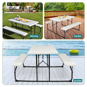 Two different colors for you to choose<br>Rounded corners greatly reduce the risk of bumping<br>Premium materials make the table durable and sturdy<br>Spacious desktop can hold lots of foods and drinks for party<br>The benches can support at most 4 adults