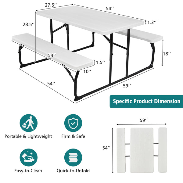 Two different colors for you to choose<br>Rounded corners greatly reduce the risk of bumping<br>Premium materials make the table durable and sturdy<br>Spacious desktop can hold lots of foods and drinks for party<br>The benches can support at most 4 adults
