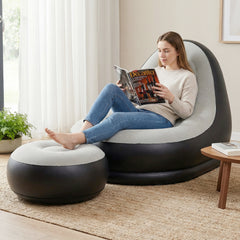 Skin-friendly flocked PVC surface blends strength with comfort<br>Fast 3-5 minute inflation with its 2-in-1 valve<br>Easy to move around with its 5.5 lbs lightweight build<br>Contoured backrest embrace your body with optimal support<br>Included ottoman do