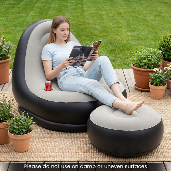 Skin-friendly flocked PVC surface blends strength with comfort<br>Fast 3-5 minute inflation with its 2-in-1 valve<br>Easy to move around with its 5.5 lbs lightweight build<br>Contoured backrest embrace your body with optimal support<br>Included ottoman do