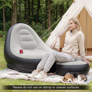 Skin-friendly flocked PVC surface blends strength with comfort<br>Fast 3-5 minute inflation with its 2-in-1 valve<br>Easy to move around with its 5.5 lbs lightweight build<br>Contoured backrest embrace your body with optimal support<br>Included ottoman do