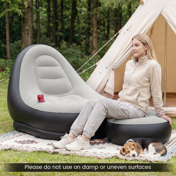 Skin-friendly flocked PVC surface blends strength with comfort<br>Fast 3-5 minute inflation with its 2-in-1 valve<br>Easy to move around with its 5.5 lbs lightweight build<br>Contoured backrest embrace your body with optimal support<br>Included ottoman do