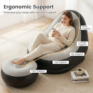 Skin-friendly flocked PVC surface blends strength with comfort<br>Fast 3-5 minute inflation with its 2-in-1 valve<br>Easy to move around with its 5.5 lbs lightweight build<br>Contoured backrest embrace your body with optimal support<br>Included ottoman do