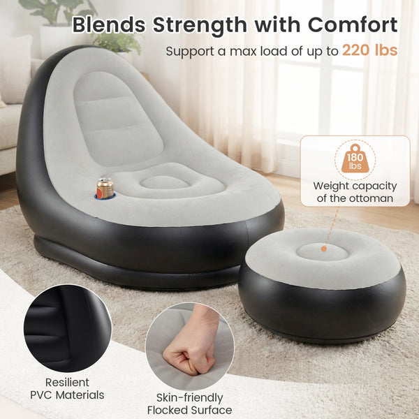 Skin-friendly flocked PVC surface blends strength with comfort<br>Fast 3-5 minute inflation with its 2-in-1 valve<br>Easy to move around with its 5.5 lbs lightweight build<br>Contoured backrest embrace your body with optimal support<br>Included ottoman do