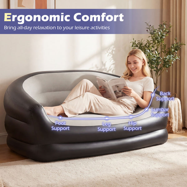 Soft flocked top offers cozy  skin-friendly lounging experience<br>Wrap-around backrest and armrests support all-day comfort<br>3-5 min quick inflation via a convenient 2-in-1 valve<br>Folds compact for easy storage or transport<br>6.5 lbs light weight fo