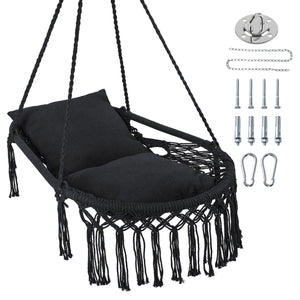 Easy to hang separately or hang together with metal rings<br>Sturdy metal frame supports up to 330 lbs<br>Spacious seat for ultimate comfort<br>Easy to fold and store the swing chair<br>Chic bohemian style with decorative fringes<br>Suitable for indoor an