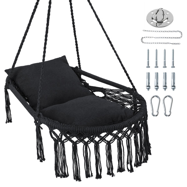 Easy to hang separately or hang together with metal rings<br>Sturdy metal frame supports up to 330 lbs<br>Spacious seat for ultimate comfort<br>Easy to fold and store the swing chair<br>Chic bohemian style with decorative fringes<br>Suitable for indoor an