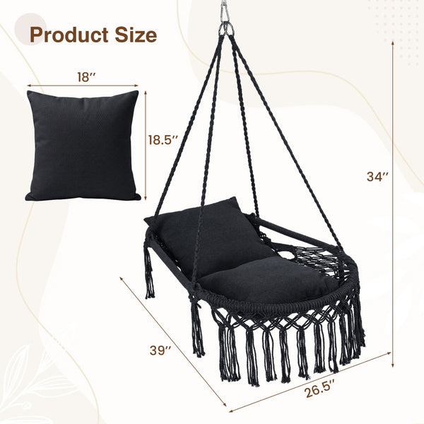 Easy to hang separately or hang together with metal rings<br>Sturdy metal frame supports up to 330 lbs<br>Spacious seat for ultimate comfort<br>Easy to fold and store the swing chair<br>Chic bohemian style with decorative fringes<br>Suitable for indoor an
