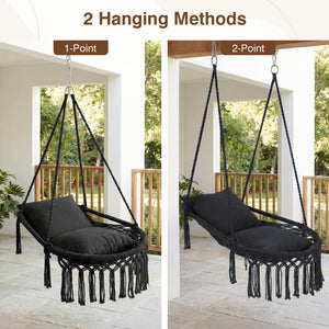 Easy to hang separately or hang together with metal rings<br>Sturdy metal frame supports up to 330 lbs<br>Spacious seat for ultimate comfort<br>Easy to fold and store the swing chair<br>Chic bohemian style with decorative fringes<br>Suitable for indoor an