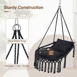 Easy to hang separately or hang together with metal rings<br>Sturdy metal frame supports up to 330 lbs<br>Spacious seat for ultimate comfort<br>Easy to fold and store the swing chair<br>Chic bohemian style with decorative fringes<br>Suitable for indoor an