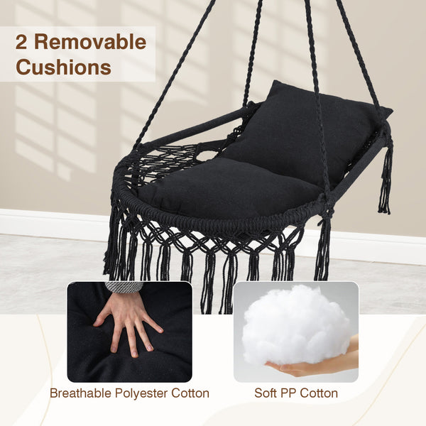 Easy to hang separately or hang together with metal rings<br>Sturdy metal frame supports up to 330 lbs<br>Spacious seat for ultimate comfort<br>Easy to fold and store the swing chair<br>Chic bohemian style with decorative fringes<br>Suitable for indoor an