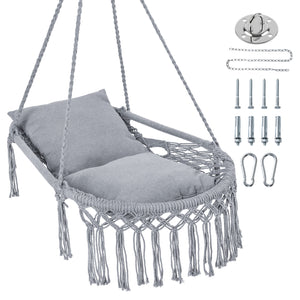 Easy to hang separately or hang together with metal rings<br>Sturdy metal frame supports up to 330 lbs<br>Spacious seat for ultimate comfort<br>Easy to fold and store the swing chair<br>Chic bohemian style with decorative fringes<br>Suitable for indoor an