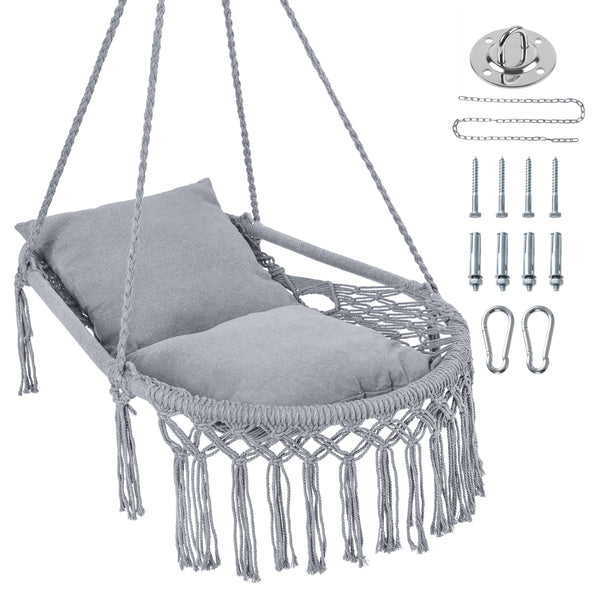 Easy to hang separately or hang together with metal rings<br>Sturdy metal frame supports up to 330 lbs<br>Spacious seat for ultimate comfort<br>Easy to fold and store the swing chair<br>Chic bohemian style with decorative fringes<br>Suitable for indoor an