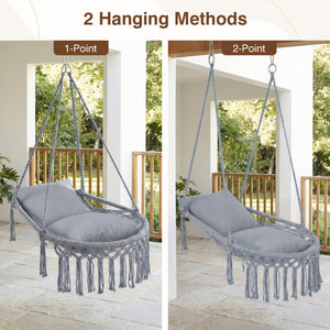 Easy to hang separately or hang together with metal rings<br>Sturdy metal frame supports up to 330 lbs<br>Spacious seat for ultimate comfort<br>Easy to fold and store the swing chair<br>Chic bohemian style with decorative fringes<br>Suitable for indoor an