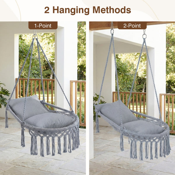 Easy to hang separately or hang together with metal rings<br>Sturdy metal frame supports up to 330 lbs<br>Spacious seat for ultimate comfort<br>Easy to fold and store the swing chair<br>Chic bohemian style with decorative fringes<br>Suitable for indoor an