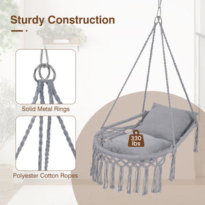 Easy to hang separately or hang together with metal rings<br>Sturdy metal frame supports up to 330 lbs<br>Spacious seat for ultimate comfort<br>Easy to fold and store the swing chair<br>Chic bohemian style with decorative fringes<br>Suitable for indoor an