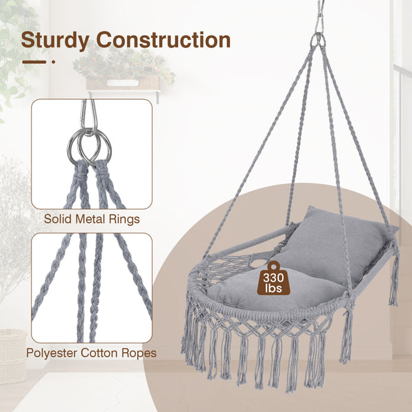 Easy to hang separately or hang together with metal rings<br>Sturdy metal frame supports up to 330 lbs<br>Spacious seat for ultimate comfort<br>Easy to fold and store the swing chair<br>Chic bohemian style with decorative fringes<br>Suitable for indoor an