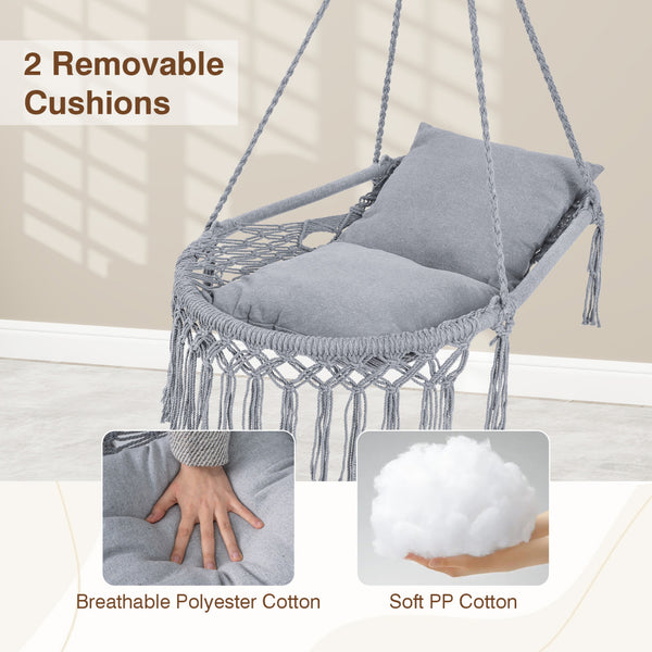Easy to hang separately or hang together with metal rings<br>Sturdy metal frame supports up to 330 lbs<br>Spacious seat for ultimate comfort<br>Easy to fold and store the swing chair<br>Chic bohemian style with decorative fringes<br>Suitable for indoor an