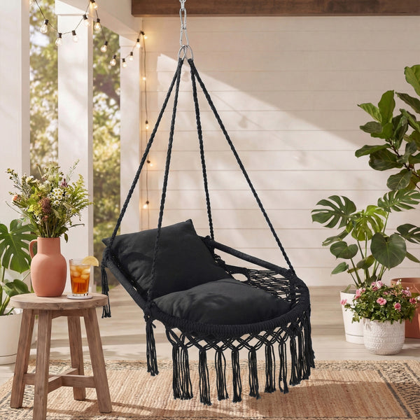 Easy to hang separately or hang together with metal rings<br>Sturdy metal frame supports up to 330 lbs<br>Spacious seat for ultimate comfort<br>Easy to fold and store the swing chair<br>Chic bohemian style with decorative fringes<br>Suitable for indoor an
