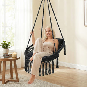 Easy to hang separately or hang together with metal rings<br>Sturdy metal frame supports up to 330 lbs<br>Spacious seat for ultimate comfort<br>Easy to fold and store the swing chair<br>Chic bohemian style with decorative fringes<br>Suitable for indoor an