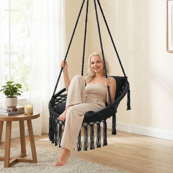 Easy to hang separately or hang together with metal rings<br>Sturdy metal frame supports up to 330 lbs<br>Spacious seat for ultimate comfort<br>Easy to fold and store the swing chair<br>Chic bohemian style with decorative fringes<br>Suitable for indoor an