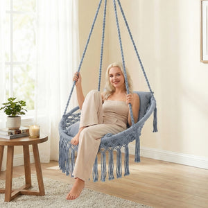 Easy to hang separately or hang together with metal rings<br>Sturdy metal frame supports up to 330 lbs<br>Spacious seat for ultimate comfort<br>Easy to fold and store the swing chair<br>Chic bohemian style with decorative fringes<br>Suitable for indoor an