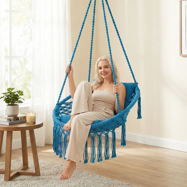 Easy to hang separately or hang together with metal rings<br>Sturdy metal frame supports up to 330 lbs<br>Spacious seat for ultimate comfort<br>Easy to fold and store the swing chair<br>Chic bohemian style with decorative fringes<br>Suitable for indoor an
