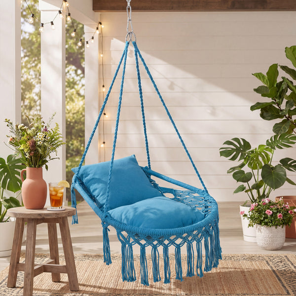 Easy to hang separately or hang together with metal rings<br>Sturdy metal frame supports up to 330 lbs<br>Spacious seat for ultimate comfort<br>Easy to fold and store the swing chair<br>Chic bohemian style with decorative fringes<br>Suitable for indoor an
