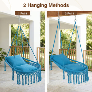 Easy to hang separately or hang together with metal rings<br>Sturdy metal frame supports up to 330 lbs<br>Spacious seat for ultimate comfort<br>Easy to fold and store the swing chair<br>Chic bohemian style with decorative fringes<br>Suitable for indoor an