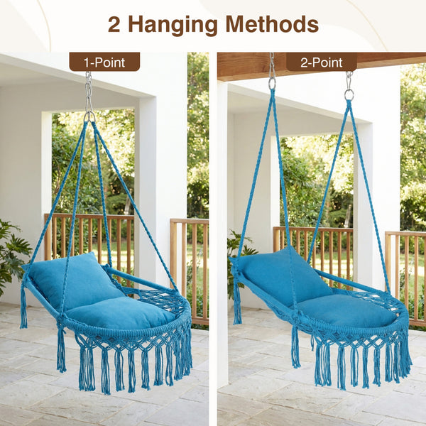 Easy to hang separately or hang together with metal rings<br>Sturdy metal frame supports up to 330 lbs<br>Spacious seat for ultimate comfort<br>Easy to fold and store the swing chair<br>Chic bohemian style with decorative fringes<br>Suitable for indoor an
