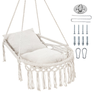 Easy to hang separately or hang together with metal rings<br>Sturdy metal frame supports up to 330 lbs<br>Spacious seat for ultimate comfort<br>Easy to fold and store the swing chair<br>Chic bohemian style with decorative fringes<br>Suitable for indoor an