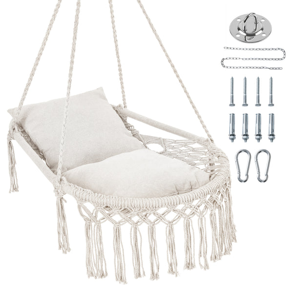 Easy to hang separately or hang together with metal rings<br>Sturdy metal frame supports up to 330 lbs<br>Spacious seat for ultimate comfort<br>Easy to fold and store the swing chair<br>Chic bohemian style with decorative fringes<br>Suitable for indoor an