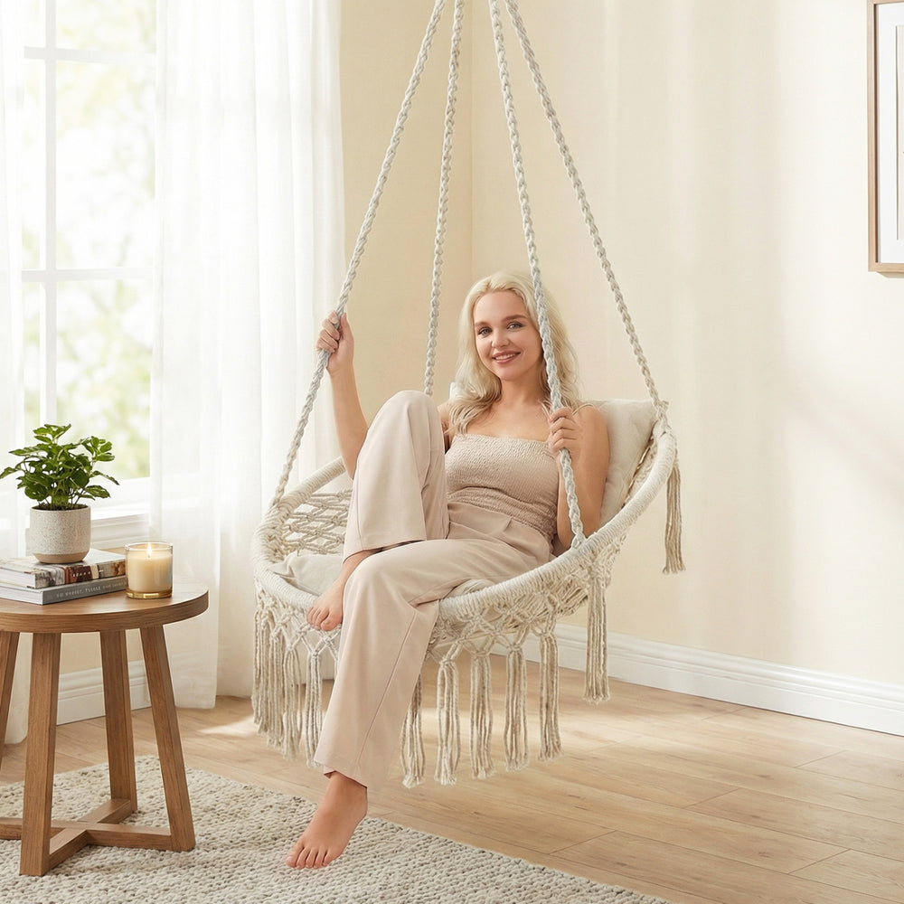 Easy to hang separately or hang together with metal rings<br>Sturdy metal frame supports up to 330 lbs<br>Spacious seat for ultimate comfort<br>Easy to fold and store the swing chair<br>Chic bohemian style with decorative fringes<br>Suitable for indoor an